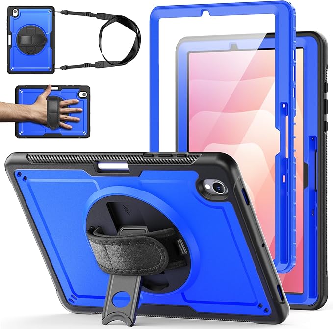 Case for Samsung Galaxy Tab S10 Lite / S10 FE / S9 FE 5G / S9 Tablet Case 10.9''/ 11'' with Screen Protector Pen Holder 360°Rotate Hand Strap/Stand Shoulder Strap Blue