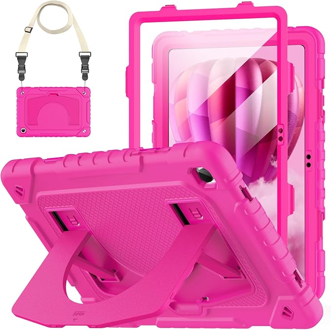 OKP Case for Samsung Galaxy Tab A9+ Plus 11 Inch 2023/ A11 Plus 2025 Shockproof Rugged 11 Galaxy A9+/ A11+ Tablet Protective Cover with Built-in Screen Protector Shoulder Strap Stand Hot Pink