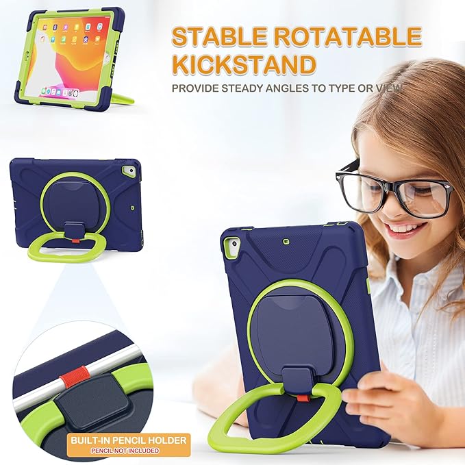 BRAECN Case for iPad 9.7” iPad 6th/5th Generation 2018/2017 iPad Air 2 Hybrid Shockproof Rugged Drop Protection Cover with Kickstand Pencil Holder Carrying Strap Hand Grip for Kids-Navy+Green