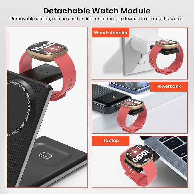 GEEKERA 3 in 1 Magnetic Wireless Charging Station for Fitbit Watch Foldable Wireless Charger Stand for iPhone 16/15/14/13/12 Pro Max Fitbit Watch Versa 4/Versa 3/Sense 2/Sense AirPods 3/2/Pro