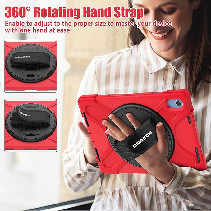 BRAECNstock for Apple iPad (A16) 11th/10th Generation Case 11/10.9 2025/2022 Shockproof Protective Case with Screen Protector Pencil Holder Rotating Stand&ampHand Strap Shoulder Strap Red