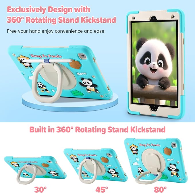 Case for iPad 9th/8th/7th GenerationCute 3D Cool Panda Warrior Design Cover with Screen Protector Rugged Protective Cartoon Case with Stand/Strap/Pen Slot for iPad 10.2 Kids Teens (Mint+White)