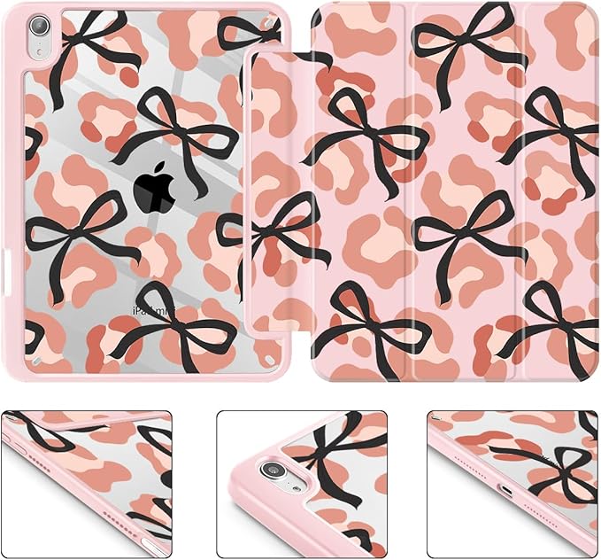 Mektron Printed Case for iPad mini 7 (A17 Pro) 2024/ Mini 6 2021 iPad mini 7th/6th Generation 8.3-inch Liquid Retina Display Cover Buit in Pencil Holder with Clear Back Shell Leopard Bows