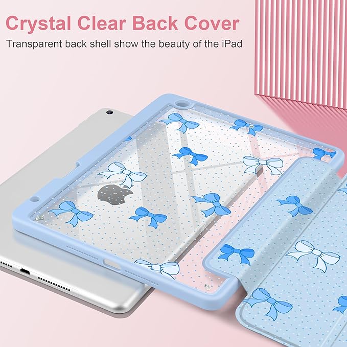 MEEgoodo Case for iPad 10.2 inchTablet Cases for iPad 9th Generation 2021/8th Gen 2020/7th Gen 2019 with Clear Acrylic Back Shell+Pencil Holder+Auto Wake/Sleep+Trifold Stand Blue Polka Dots &amp Bo