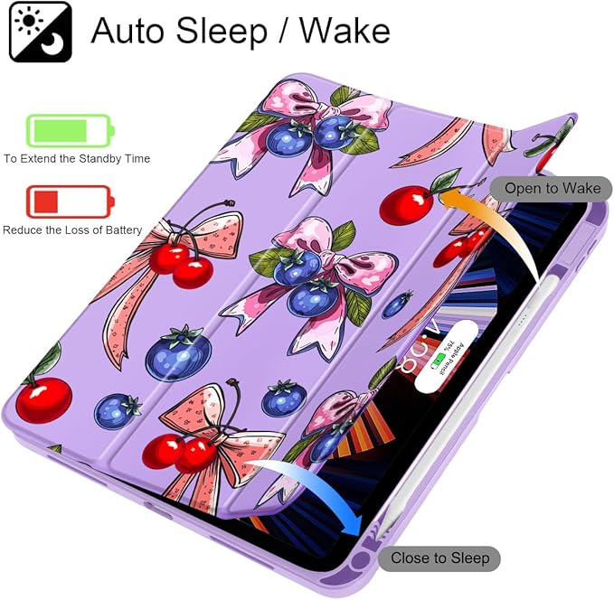 Tuiklol for 2025 iPad (A16 Chip) 11th Generation 11 inch/iPad 10th Gen 10.9 inch 2022 Case Buit in Pencil Holder with Clear Back Shell Cover Trifold Stand Auto Wake/SleepBerries Ribbons Purple