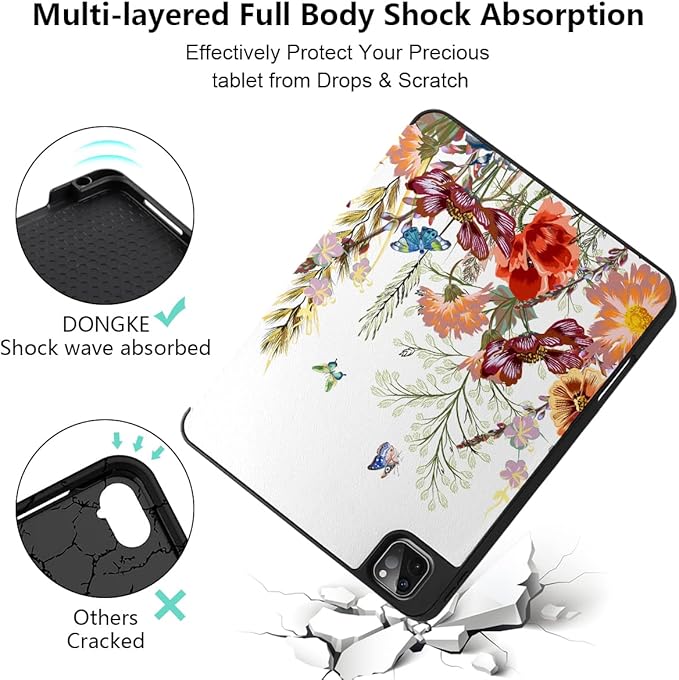 DONGKE Case for iPad Pro 11 inch (4th 3rd 2nd &amp 1st Gen) 2022 2021 2020 2018 Trifold Stand + Pencil Holder + Auto Wake/Sleep + Soft TPU Protective Stand Back Cover Floral
