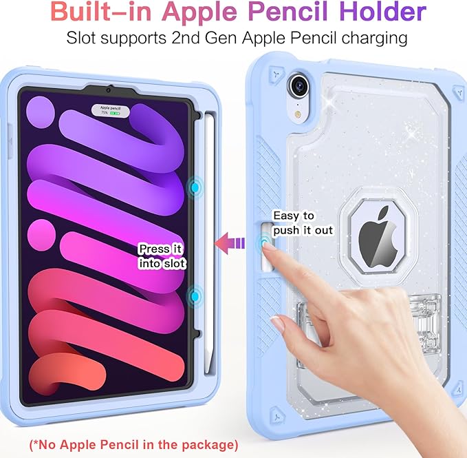 Case for iPad mini A17 Pro for iPad mini 7th/6th Generation Case 8.3 inch 2024/2021 with Pencil Holder/Stand Slim Cover for i Pad Mini 7/6 (Clear Glitter/SkyBlue)