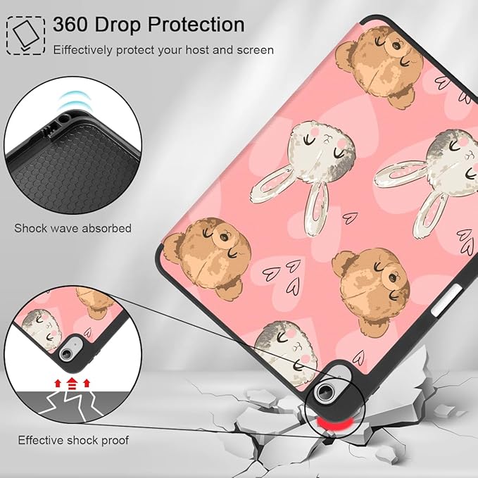 Mektron Case for iPad Air 11 inch (M4 2026 8th /M3 2025 7th /M2 2024 6th) Compatible with iPad Air 10.9 (2022 5th Gen /2020 4th Gen) Tablet Cover Buit in Pencil Holder Cute Bunny Bear