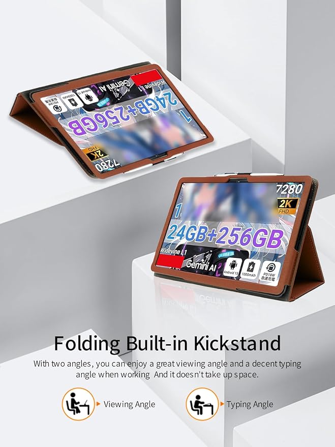 for TABWEE T60 Pro/VekfulPC T60 Pro 13.4 Inch Android Tablet CaseBOVUGAC Folding Stand Protective Cover with Pencil Holder and Wrist StrapFull Protection Premium PUScratch Resistant(Brown)
