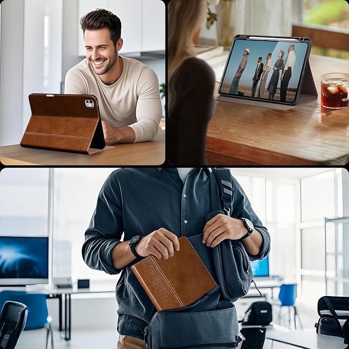 Gexmil Genuine Leather Case for iPad Pro 11 Inch (M5/M4) 2025/2024 with Pencil HolderProtective Shockproof Leather Smart Folio Cover Adjustable Stand Auto Sleep/Wake Anti-SlipYellow Brown