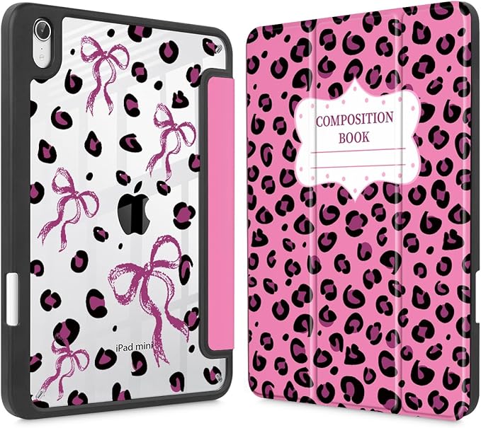 Mektron Printed Case for iPad mini 7 (A17 Pro) 2024/ Mini 6 2021 iPad mini 7th/6th Generation 8.3-inch Liquid Retina Display Cover Buit in Pencil Holder with Clear Back Shell Composition Book-Bows