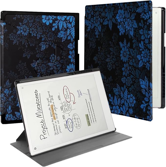 Rotating Case for 11.8 Remarkable Paper Pro Tablet (2024 Released) Lightweight and Hard Back Shell Protective Book Folio CoverAuto Sleep/WakePen Holder and Pen Tips Box (Blue Flowers)
