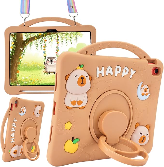 Capybara Kids Case for iPad (A16) 11th Generation 11 inch 2025 / iPad 10th Gen 10.9 2022-3D Cute Silicone Cover for Girls with 360° Rotating Stand Adjustable Strap Pencil Holder-Brown