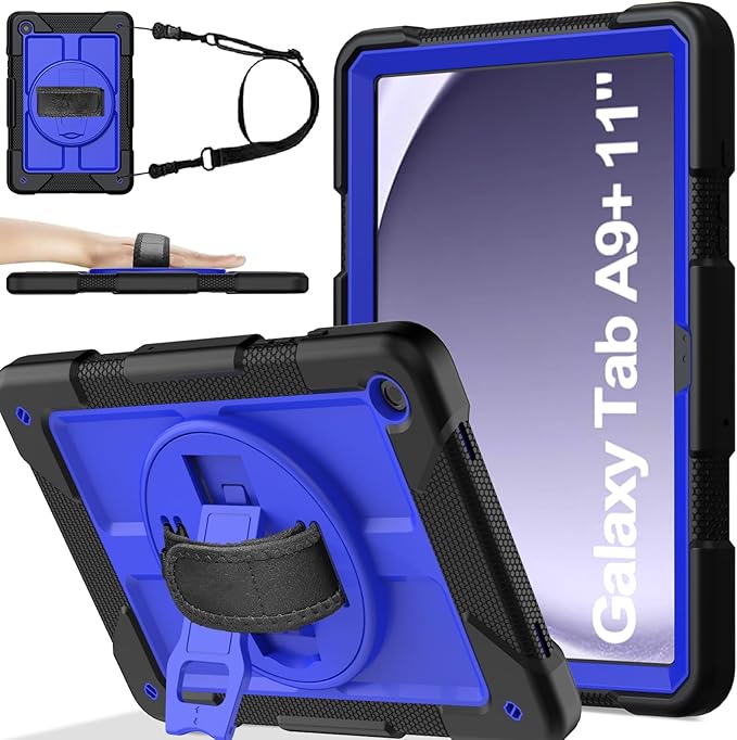 BMOUO for Samsung Galaxy Tab A9+ Plus Case 11 2023 (SM-X210/X216/X218) Shockproof Galaxy Tab A9 Plus Case with Rotating Stand and Hand/Shoulder Strap Deep Blue and Black