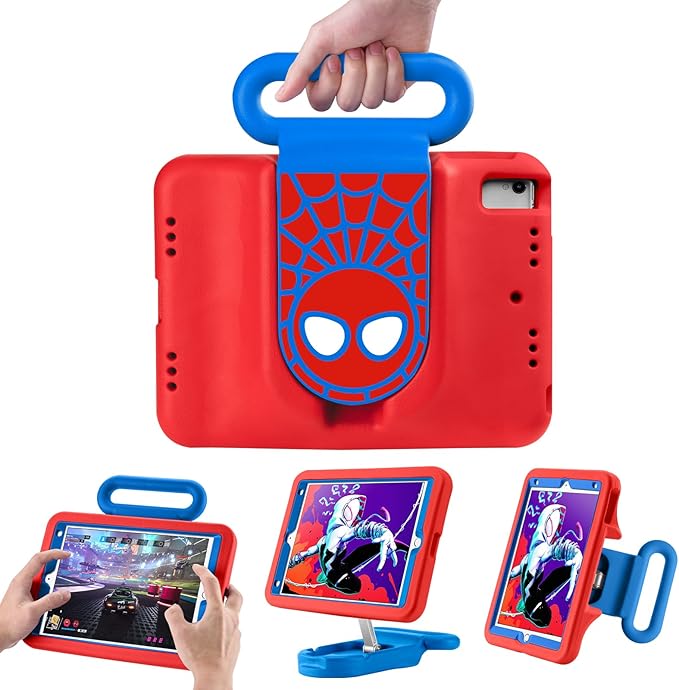 Kids Case for iPad 7th/8th/9th GeniPad 10.2 inch 2021/2020/2019 Case with Adjustable Portrait Landscape Stand HandleHeavy Duty Protective Kids Child Friendly Cover for iPad 10.2 inch. (Red-Blue)