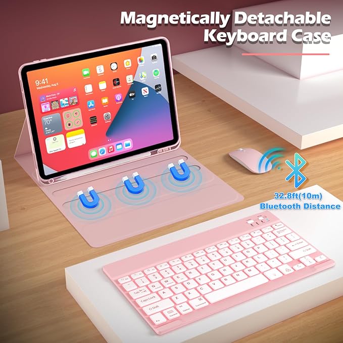 Keyboard Case for Lenovo Tab M11 / K11 LTE 11 Inch 2024 Mouse and 7 Colors Backlit Detachable Keyboard Adjustable Stand Built in S Pen Holder Auto-Sleep/Wake Feature Pink
