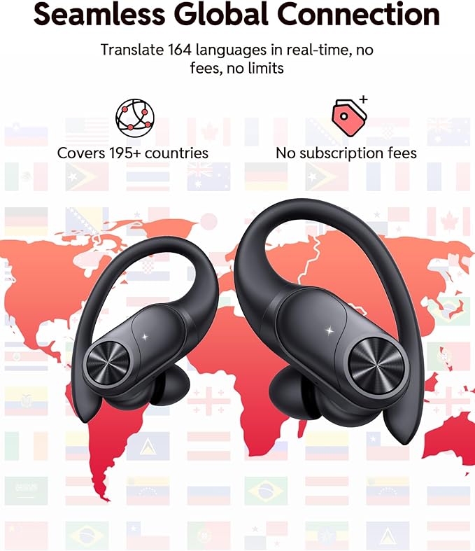 PocBuds Bluetooth Headphones Wireless Earbuds 80hrs Playtime Wireless Charging Case Digital Display Sports Ear Buds with Earhook Deep Bass IPX7 Waterproof Over-Ear Earphones for TV Phone Laptop Black