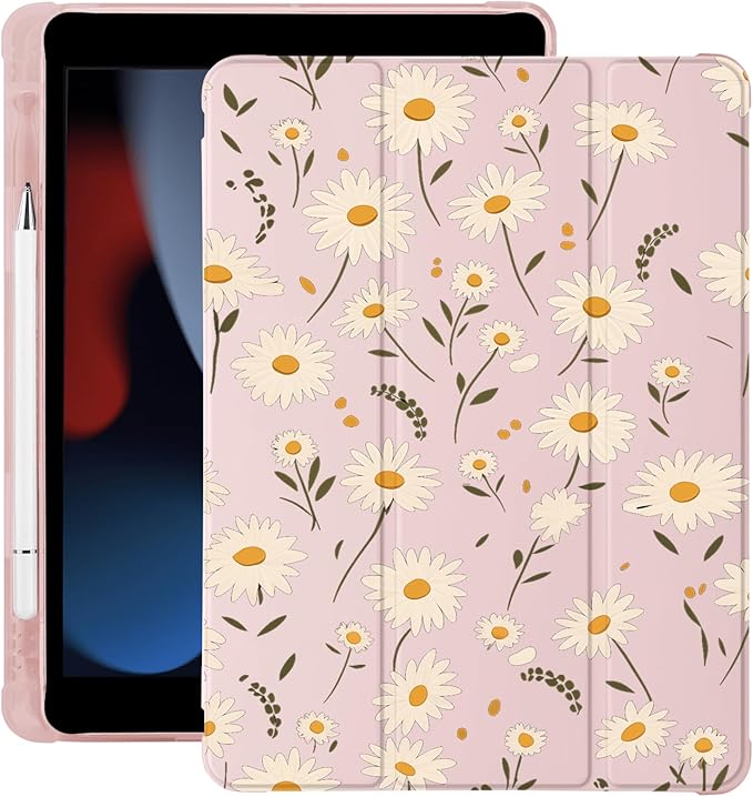 Cute Daisy Flower for iPad mini 7 A17 Pro 2024/iPad Mini 6 Case with Pencil Holder Auto Sleep/Wake Pink Leather Soft TPU Back Cover