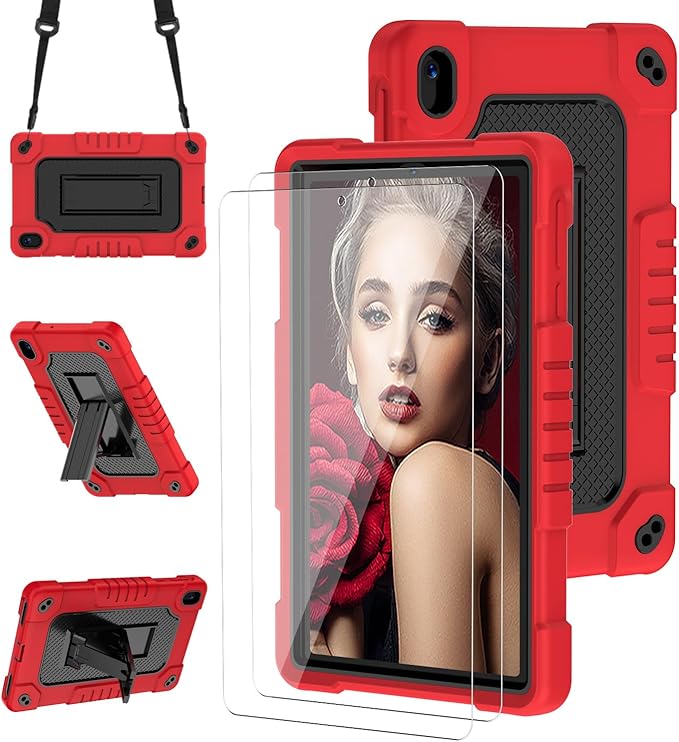 for Walmart Onn 8 inch Gen 4 2024 Model Tablet Case with 2 Pcs Screen ProtectorHeavy Duty Kids Shockproof Stand Shoulder Strap Case for Walmart Onn 8 2024 Model:100135923 (Red/Black)