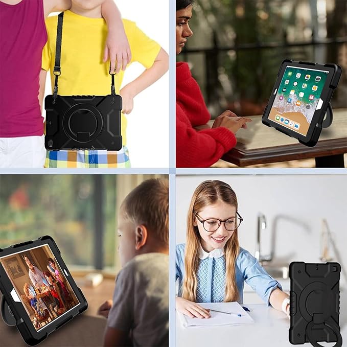 Case for iPad 6th/5th Generation 9.7 inch 2018/2017 Case iPad Air 2/Pro 9.7 inch Heavy Duty Protective Cover with 360° Rotate Handle Stand Pencil Holder Shoulder Strap (Black)