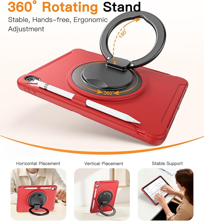 BATYUE Shockproof Case for iPad 10th Gen 10.9 2022 / 11th Gen (A16) 11 2025 | 360° Multi-Angle Stand (Portrait &amp Landscape) &amp Grip Built-in Screen Protector Pencil Holder Red