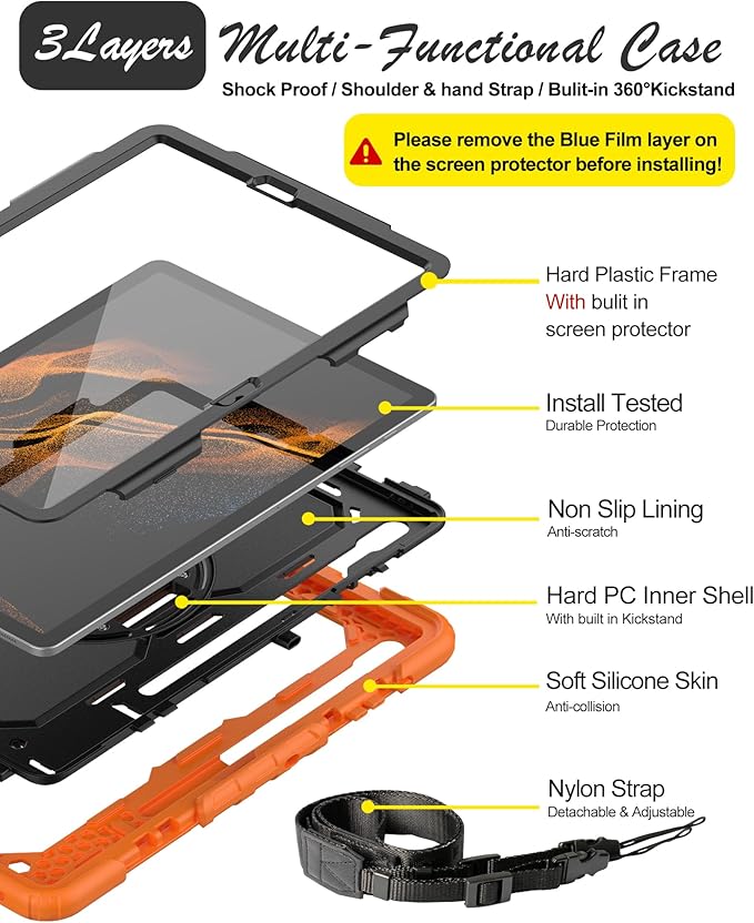 Case for Samsung Galaxy Tab S8 Plus 2022/S7 FE/S7 Plus 5G 12.4-inch Tablet Case Protective [with Screen Protector] Rotatable Kickstand S Pen Holder Hand/Shoulder Strap (Orange)
