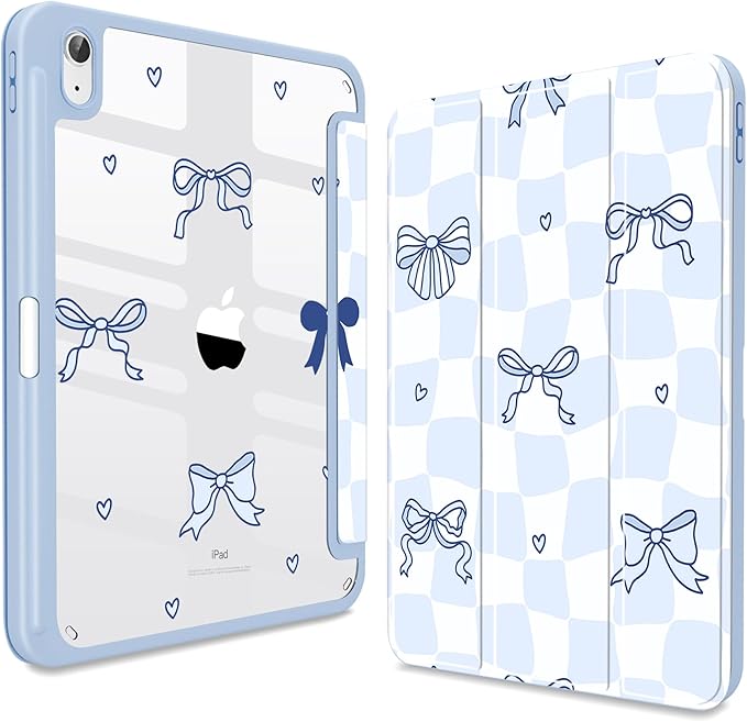 Teryeefi for iPad (A16) 11th Generation Case 11 Inch 2025 Release for iPad 10th Generation 10.9 Inch 2022 Protective Shell with Pencil Holder Soft TPU+Crystal Hard Back Cover (Grid Bows)