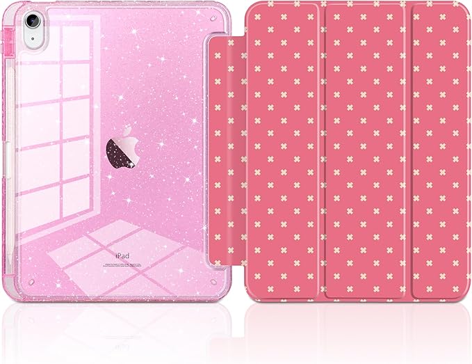DONGKE for iPad Pro 11 inch Case – Fits M5 2025 / M4 2024 Shockproof Sparkling Glitter Acrylic Back Pencil Holder Trifold Stand Auto Sleep/Wake &amp Touch ID Support - Dark Pink Cross Dot