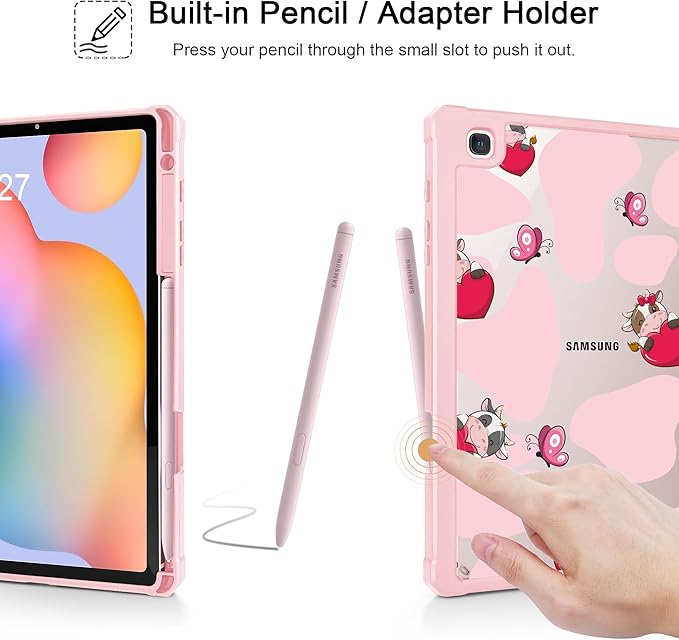 Mektron Case for Samsung Galaxy Tab S6 Lite 10.4 Inch 2024/2022/2020 with S Pen Holder Multi-Angle Viewing with Shockproof Cover Clear Shell + Trifold Stand + Auto Wake/Sleep Butterfly Cow