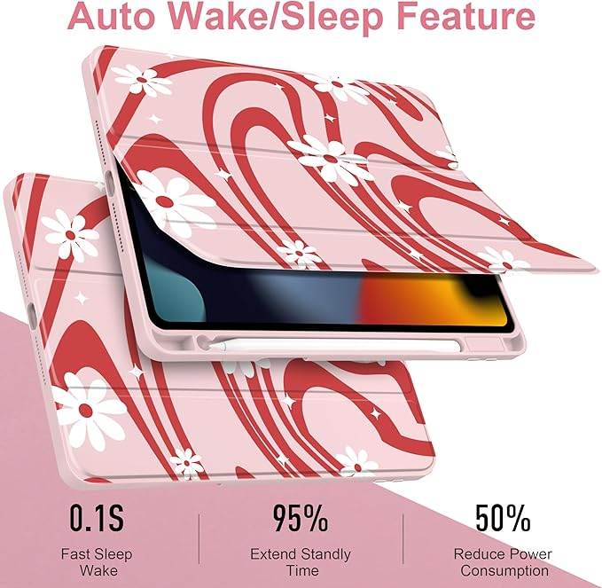 DONGKE for iPad 9th/8th/7th Generation Case 10.2 Inch (2021/2020/2019) [Auto Sleep/Wake &amp Pencil Holder] Clear Acrylic Back Trifold Stand Cover Swirl &amp Daisy