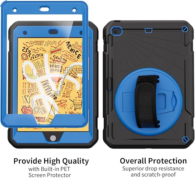 Case for iPad mini 5/4 with Screen Protector Pencil Holder [360 Rotating Hand Strap] &amp Stand Drop-Proof Case for iPad mini 5th/4th Generation 7.9 inch(Black+Sky Blue)