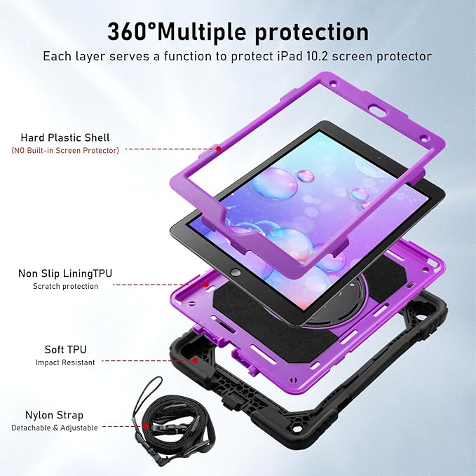 for iPad 9th/8th/7th Generation CaseiPad 10.2 Case 2021/2020/2019 with Cute Key Chain Rugged Protective Case with 360°Rotating Stand &amp Shoulder Hand Strap &amp Pen Slot for 10.2 Inch (Black+Pu