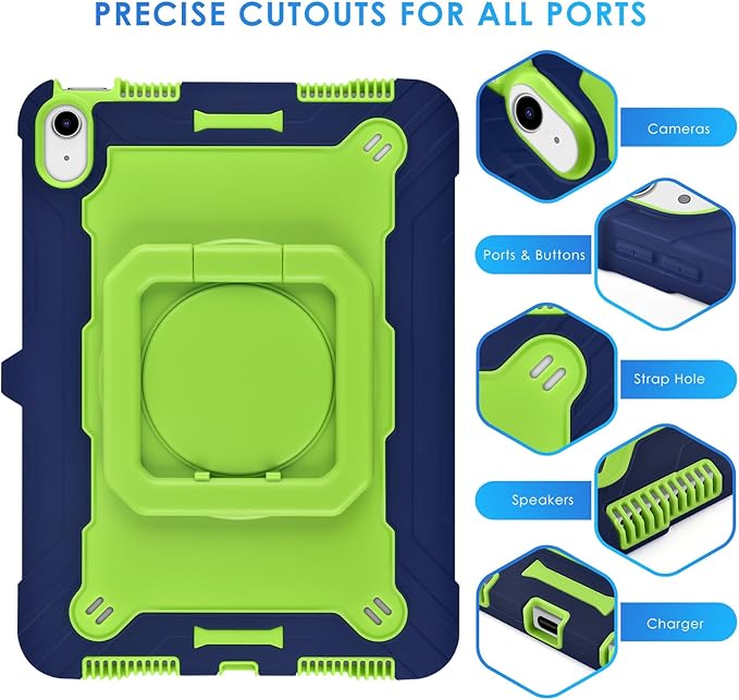 DETUOSI Case for iPad (A16) 11th Generation 11 Inch 2025 Shockproof Cover with 360°Rotatable Stand &amp Shoulder Strap Heavy Duty Case for iPad 10th Gen 10.9 Inch Dark Blue + Green