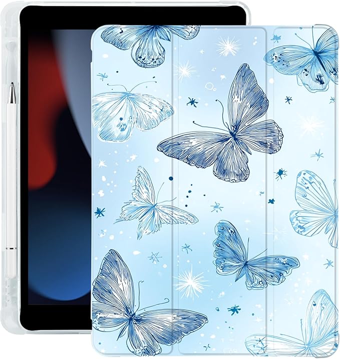 Cute Blue Butterfly for iPad Air 11 Inch Case 7th/6th Generation (M3/M2) 2025/2024 with Pencil Holder Auto Sleep/Wake Blue Leather Soft TPU Back Cover