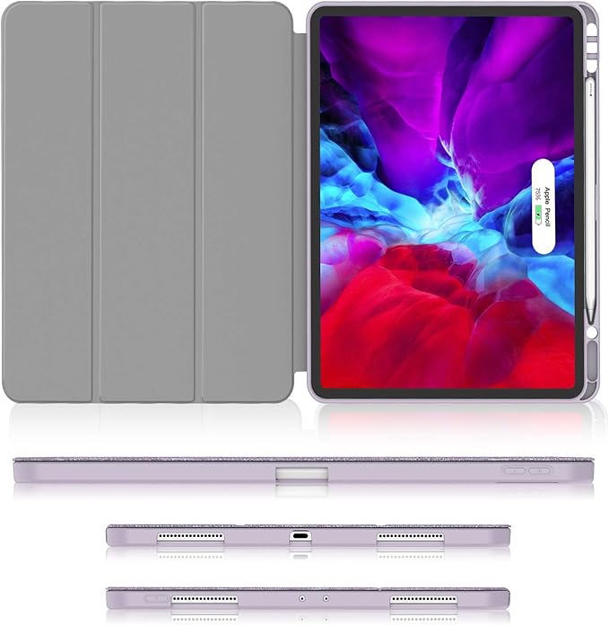Soke for iPad Pro 12.9 Case 2020 &amp 2018 with Pencil Holder - [Full Body Protection + Apple Pencil Charging + Auto Wake/Sleep] Soft TPU Back Cover for 2020 iPad Pro 12.9(Violet)