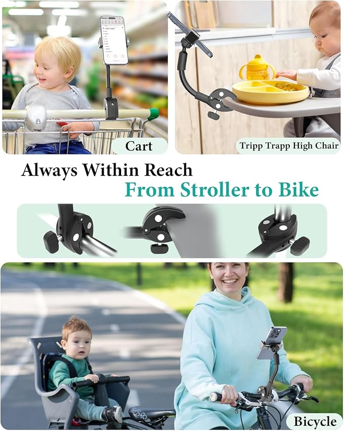 Stroller Phone Holder Gooseneck Cell Phone Mount for Baby Stroller Shopping Cart Bicycle Pilates Reformer Handlebar Clamp Mount for iPhone 16 Pro Max/14/13/12 Galaxy S24 4–7 Smartphone
