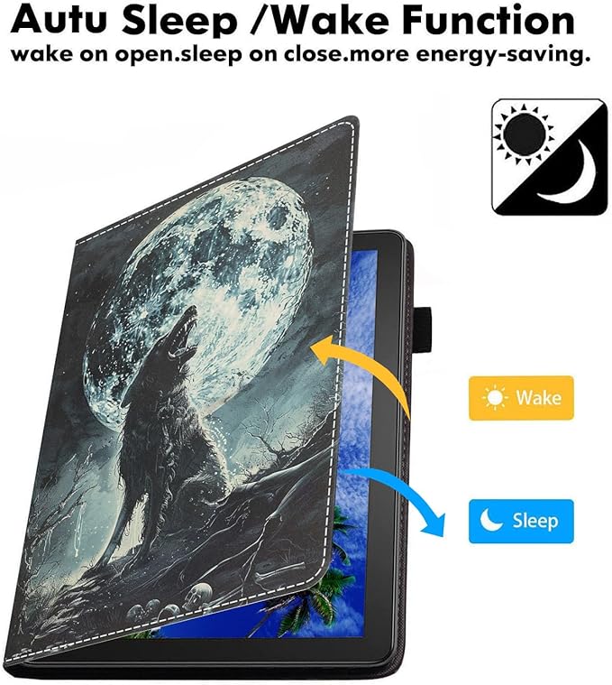 Case for Amazon Kindle Fire 7 Tablet (7 9th/7th Generation 2019/2017 Release) Slim PU Leather Cover with Card Slot &amp Auto Wake/Sleep Lone Wolf Under The Moon