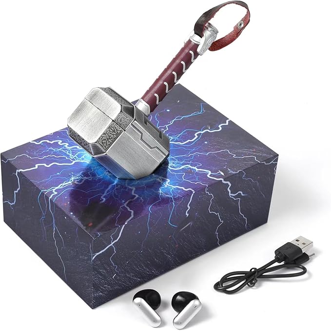 Wireless Earbuds with Thor Hammer Wireless Charging Case5.3 Bluetooth Ear Buds Light-Weight HeadphonesNovelty Gifts for Men