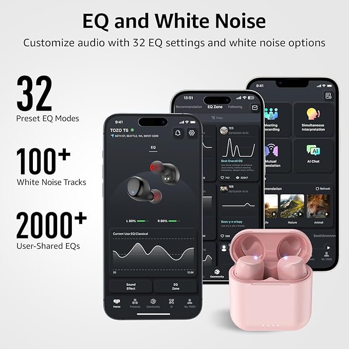 TOZO T6 Wireless Earbuds Bluetooth 5.3 Ear Buds Stereo Sound in Ear Headphones 50 Hours Playtime Wireless Charging Case APP Customizable EQs IPX8 Waterproof Earphones