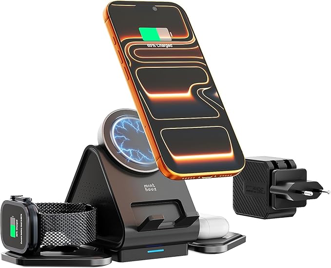 3 in 1 Charging Station Mag Safe Wireless Charger Stand Qi2-enable 15W Multiple Device Magnetic Charging Station for iPhone 1615141312 Series Apple Watch AirPods (USB-C Charger Included)