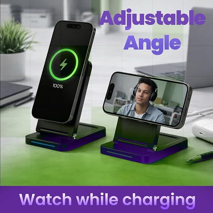 Magnetic Wireless Charger Stand 3-in-1 Foldable Wireless Charging Station with 20W Adapter Travel Charging Stand for Phone Earbuds &amp Watch Compact Multi-Device Charger