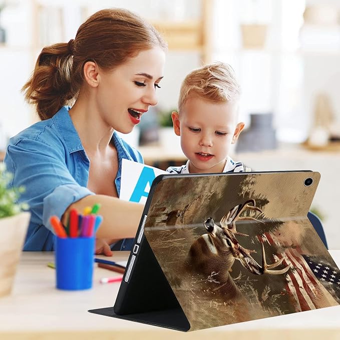 Compatible with iPad Air 13 inch Case (M3 2025 /M2 2024)/12.9 inch Case (6th/5th/4th/3rd 2022/2021/2020/2018) with Pencil HolderAuto Wake/Sleep Protect CoverVintage American Flag Elk Deer