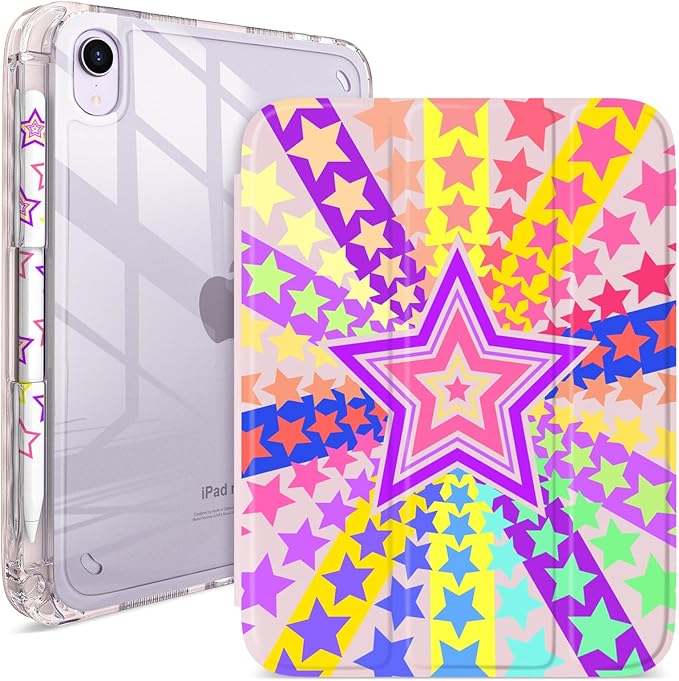 Y2K Rainbow Starburst iPad mini Case for Girls – Colorful Five-Point Star Design with Pencil Holder Auto Wake/Sleep &amp DIY Stickers Retro Pop Art Protective Cover for iPad mini 6/7