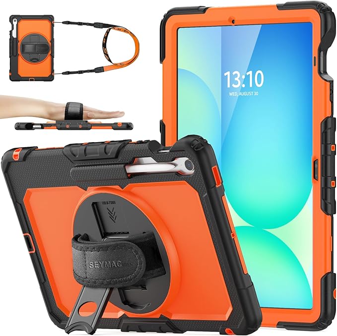 SEYMAC stock Case for Samsung Galaxy Tab S10 FE+ Plus 5G Tablet Case 13.1'' Protective with Screen Protector Pen Holder 360 Rotate Stand Hand Strap Shoulder Strap BlackOrange