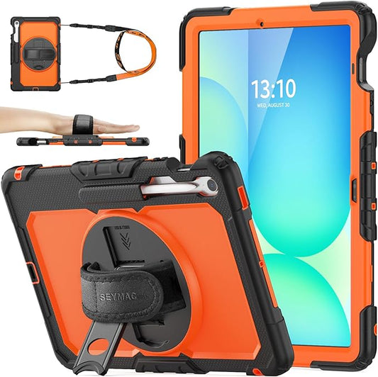 SEYMAC stock Case for Samsung Galaxy Tab S10 FE+ Plus 5G Tablet Case 13.1'' Protective with Screen Protector Pen Holder 360 Rotate Stand Hand Strap Shoulder Strap BlackOrange