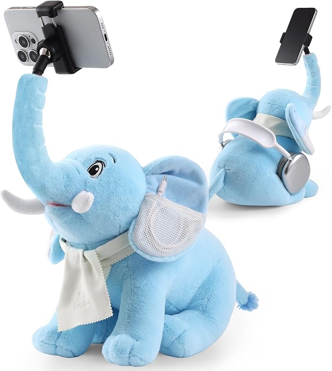 Phone Stand 360°Rotating Desk Phone Stand with 45°Adjustable Trunk Ear Pockets Glasses Cloth Scarf - Plush Phone Holder Back Fits Headphones Cell Phone Stand for desk Bed Sofa Car-Gray/Blue