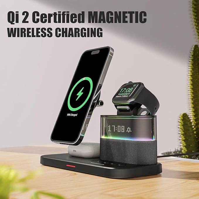 5 in 1 Wireless Charging Station with Alarm Clock for Apple 15W Magnetic Wireless Charger Stand with Alarm Clock for iPhone 17/16/15/14/13/12 iWatch Ultra10/9/8/7/6 AirPods