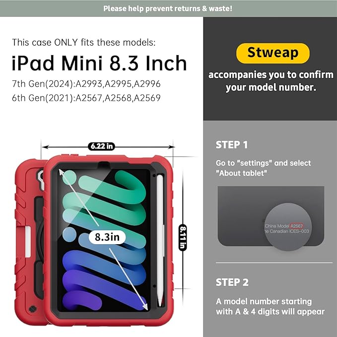 for iPad mini 7 A17 Pro/iPad mini 6 8.3 Inch Case iPad mini 7th/6th Generation Case (2024/2021) with Pencil Holder/Kickstand Hand Strap/Shoulder StrapRed+Black