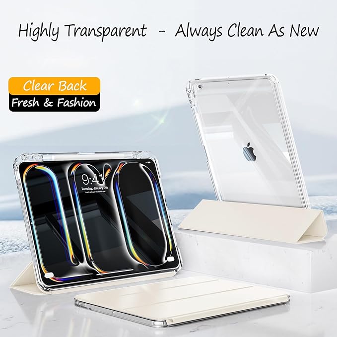 Case for iPad 9th/8th/7th Generation 2021/2020/2019 (10.2 inch) Case with Pencil Holder Slide Detachable Magnetic Trifold Stand Shockproof Slim Cute Clear Back Protective Cover (Cream)