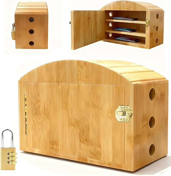 Phone Box for Family Time with Combination Lock Premium Bamboo Wood Cell Phone Jail with 6 Charging Holes and Hold 6 PhonesHelp Adults&ampKids Focus Back and Reduce Distractions